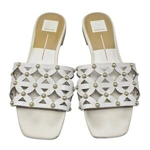 Dolce Vita Berrit White Leather Embellished Pearl Studded Slide Sandals Size 10